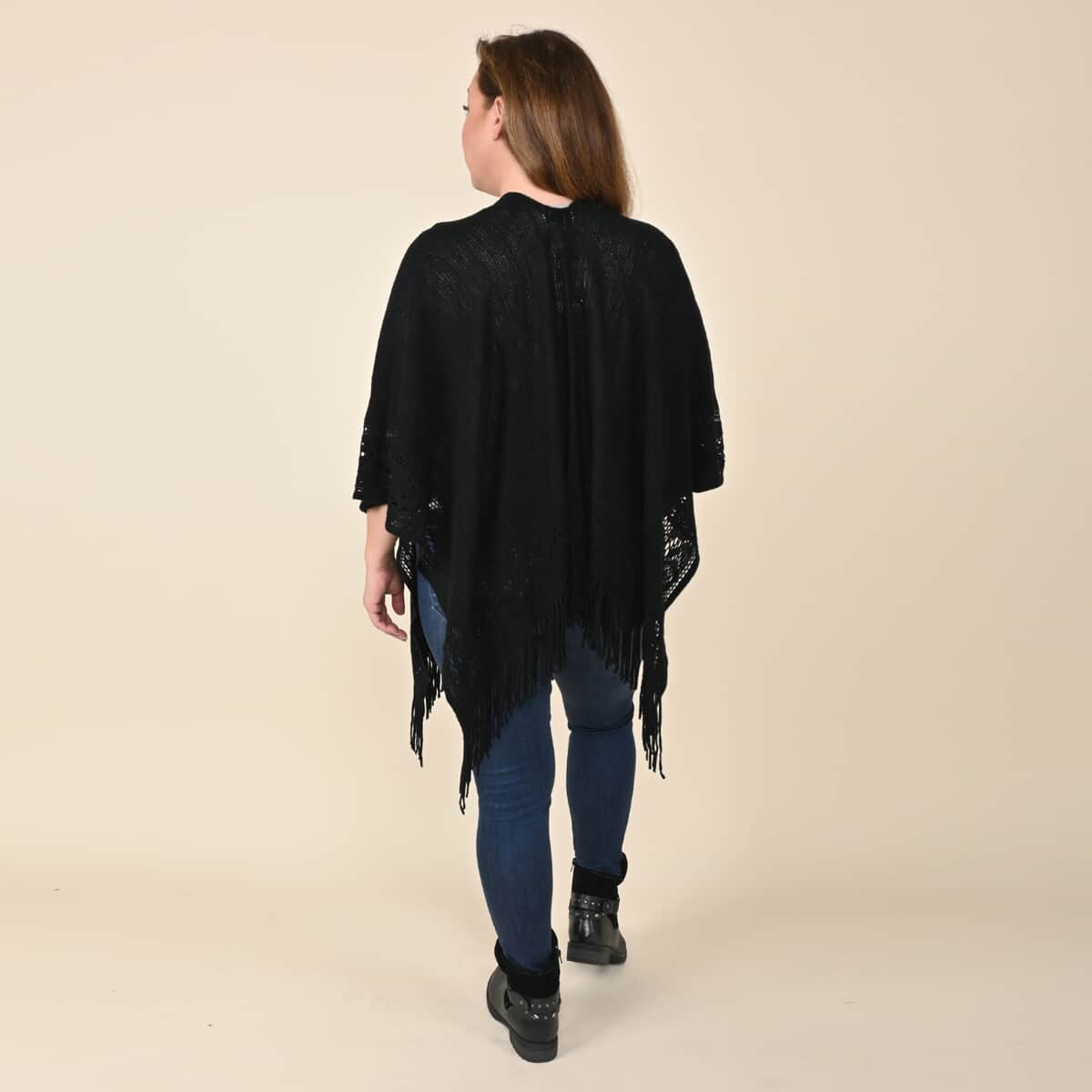 Tamsy Black Solid Knitted Poncho (One Size Fits Most) image number 1