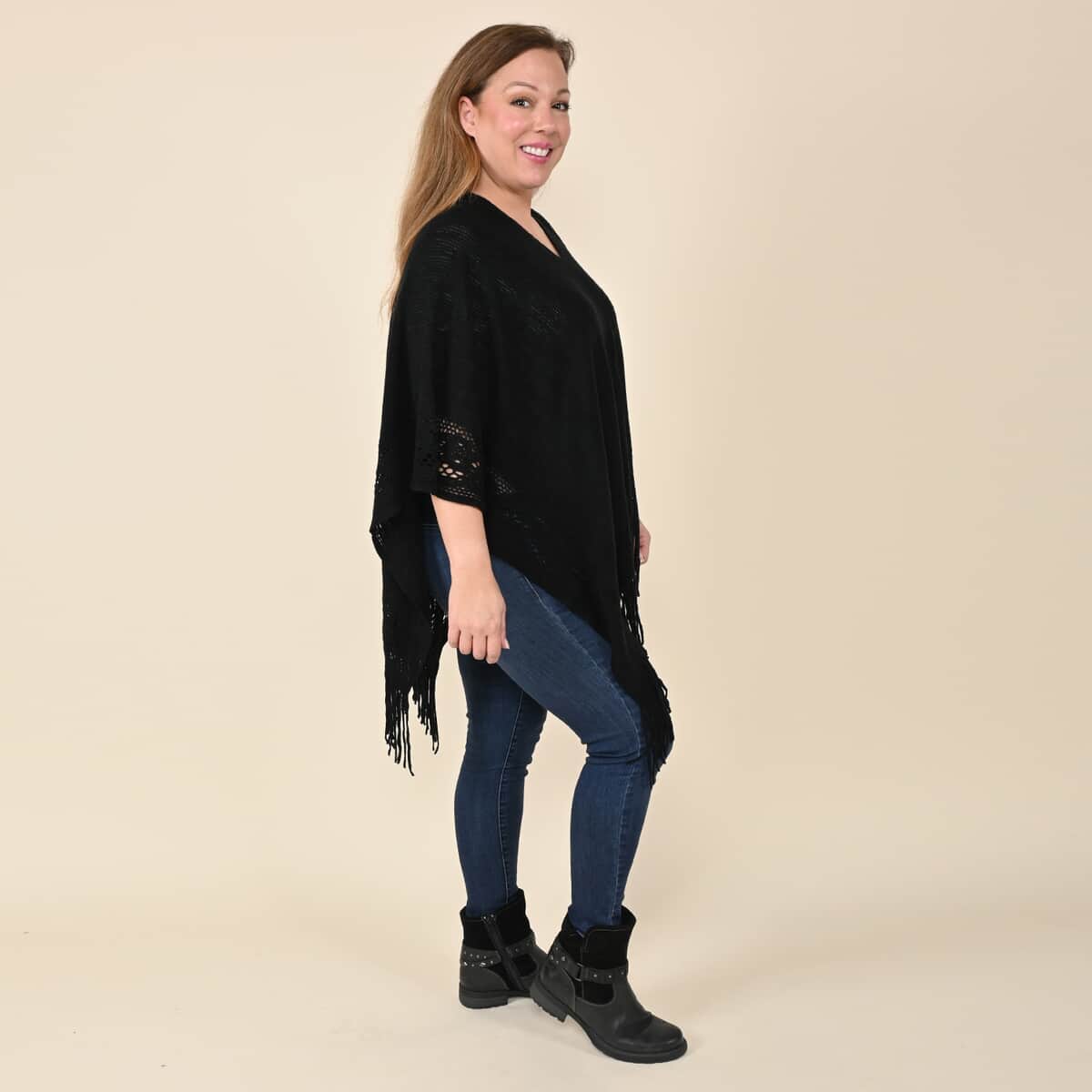 Tamsy Black Solid Knitted Poncho (One Size Fits Most) image number 2