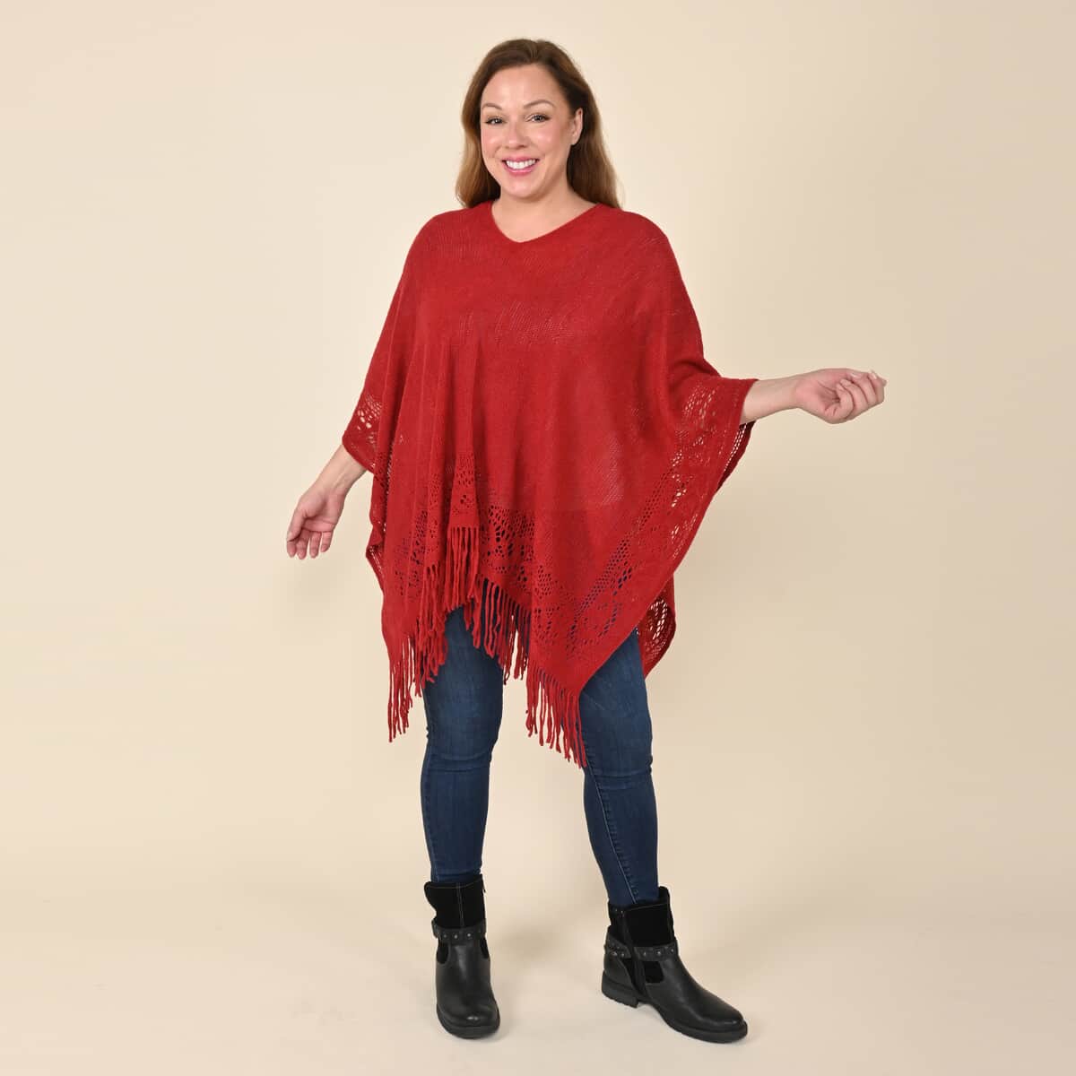 Tamsy Burgundy Solid Knitted Poncho (One Size Fits Most) image number 0