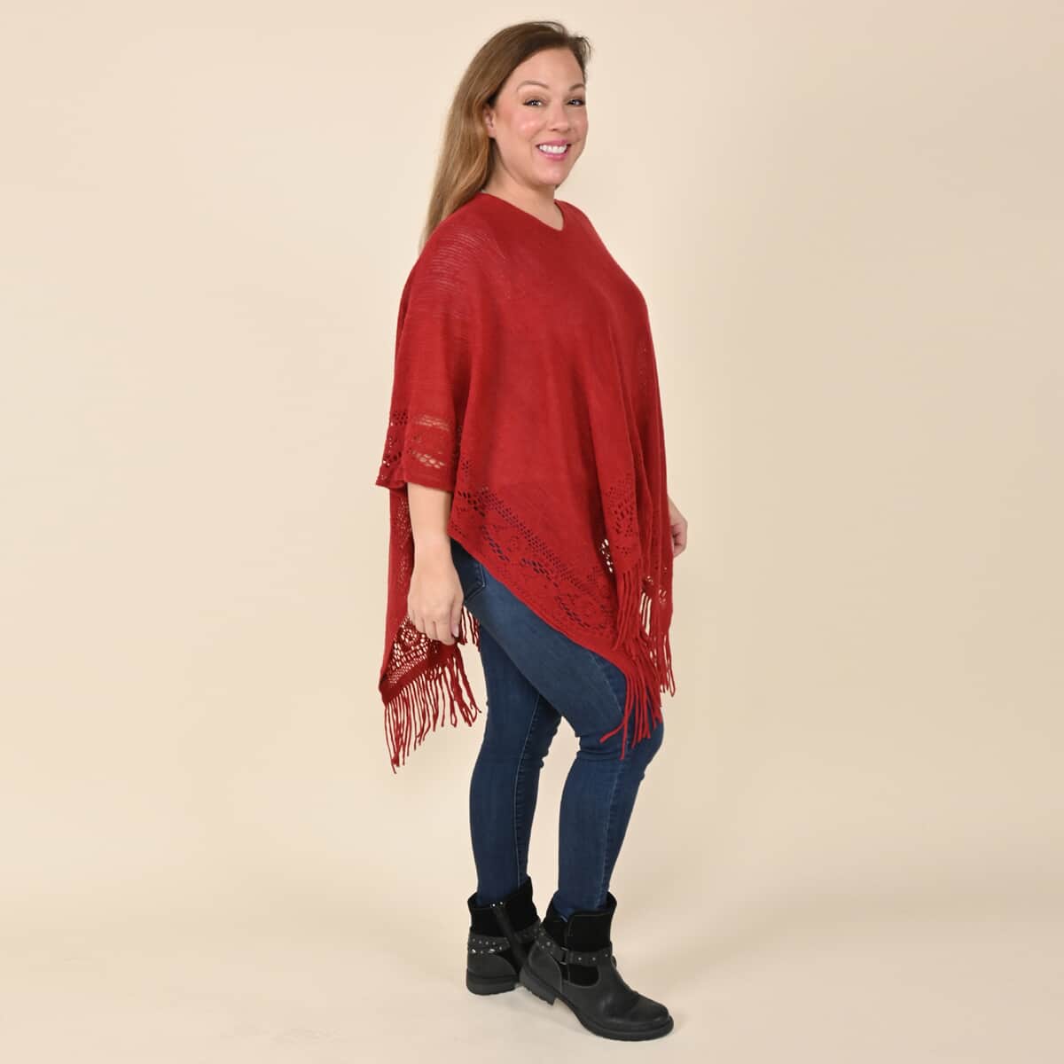 Tamsy Burgundy Solid Knitted Poncho (One Size Fits Most) image number 2