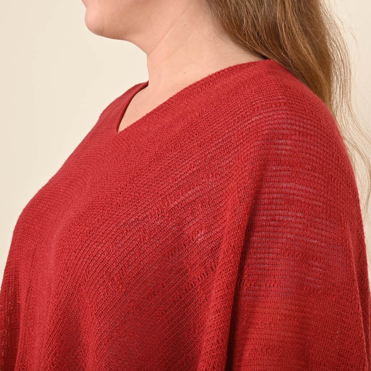 Tamsy Burgundy Solid Knitted Poncho (One Size Fits Most) image number 3