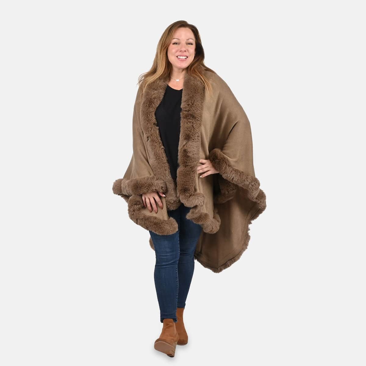 PASSAGE Beige Ruana with Faux Fur Trim - One Size Fits Most (31.5"x45.5") image number 0