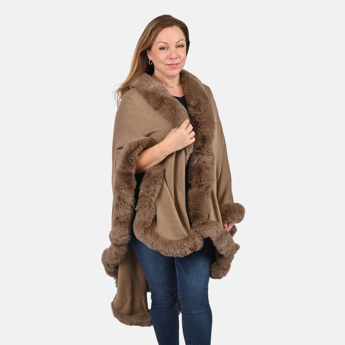 Designer Inspired Beige Ruana with Faux Fur Trim - One Size Fits Most image number 3