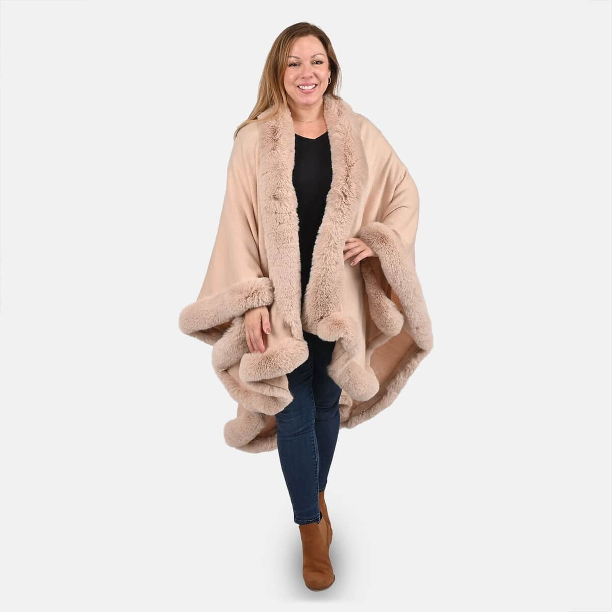 Designer Inspired Cream Ruana with Faux Fur Trim - One Size Fits Most image number 0