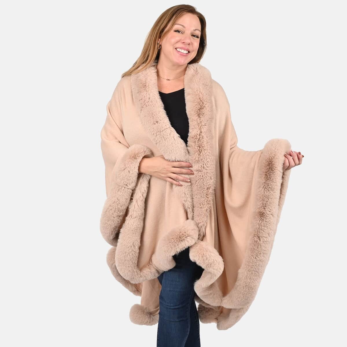 Designer Inspired Cream Ruana with Faux Fur Trim - One Size Fits Most image number 3