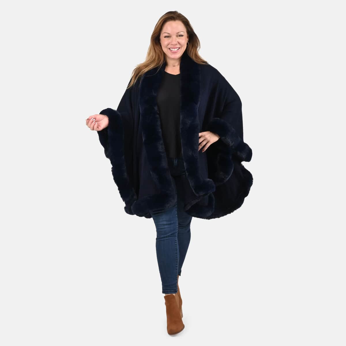 Designer Inspired Navy Ruana with Faux Fur Trim - One Size Fits Most image number 0