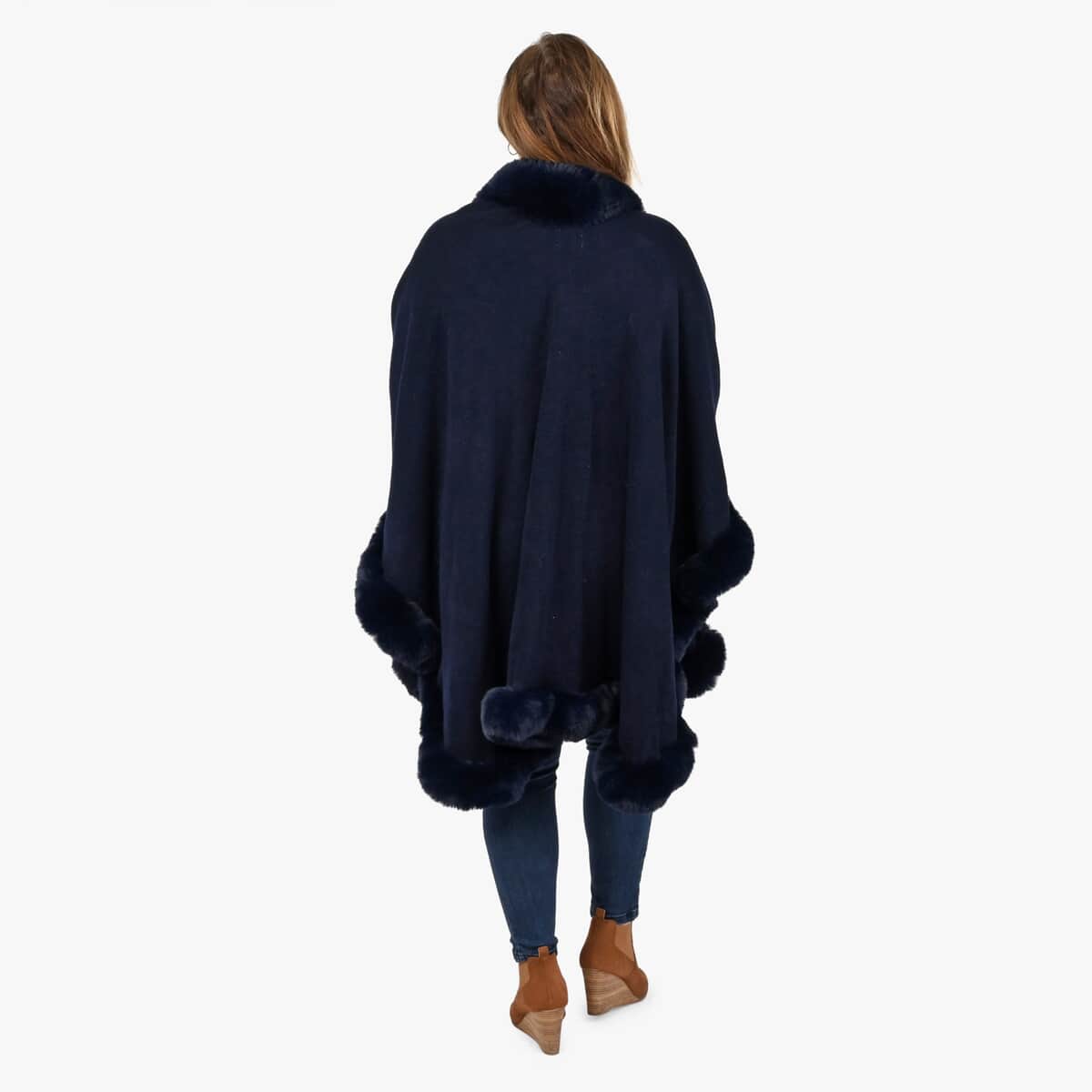 Designer Inspired Navy Ruana with Faux Fur Trim - One Size Fits Most image number 1