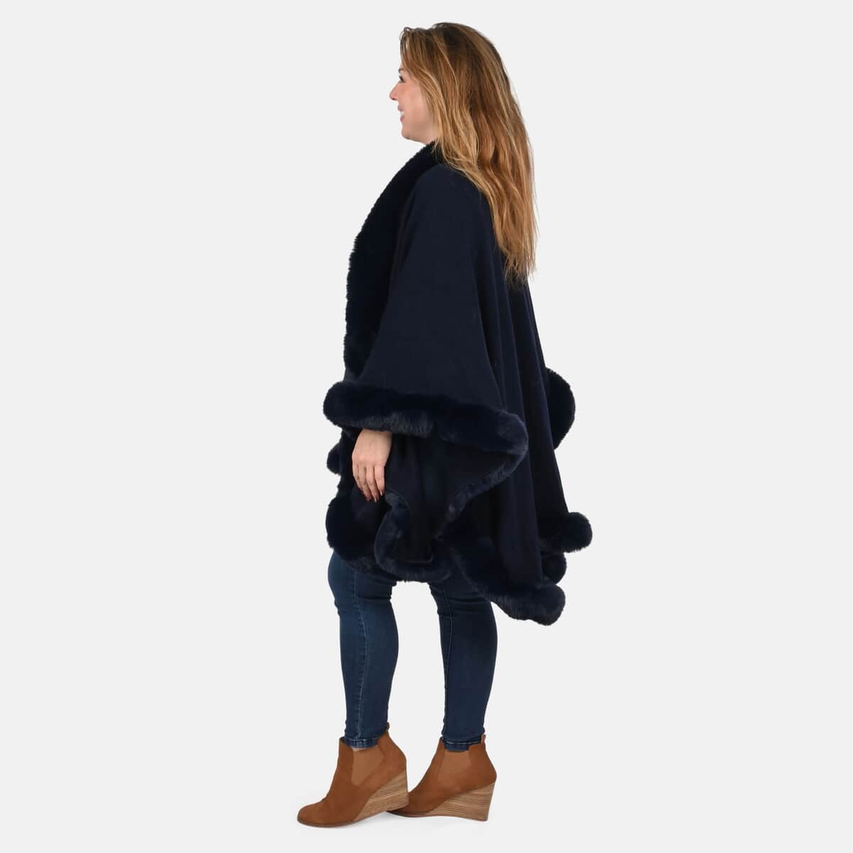 Designer Inspired Navy Ruana with Faux Fur Trim - One Size Fits Most image number 2