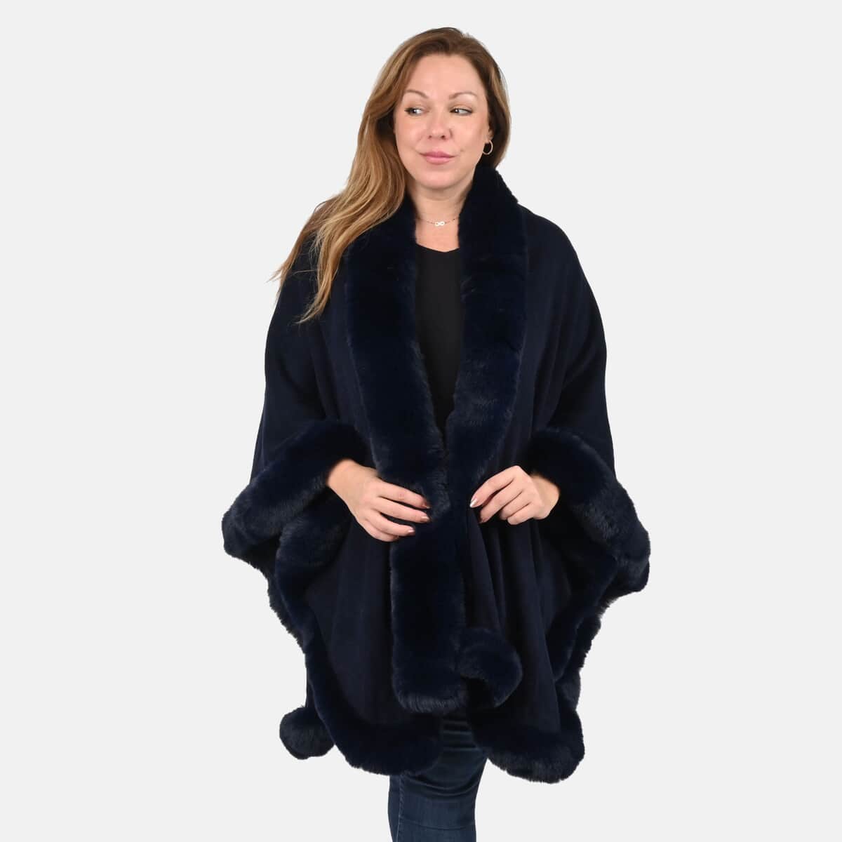 Designer Inspired Navy Ruana with Faux Fur Trim - One Size Fits Most image number 3