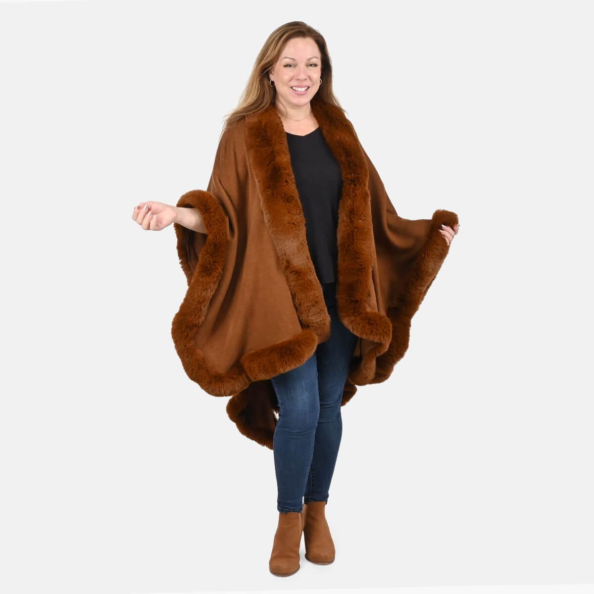 Tamsy Cognac Ruana with Faux Fur Trim - One Size Fits Most image number 0