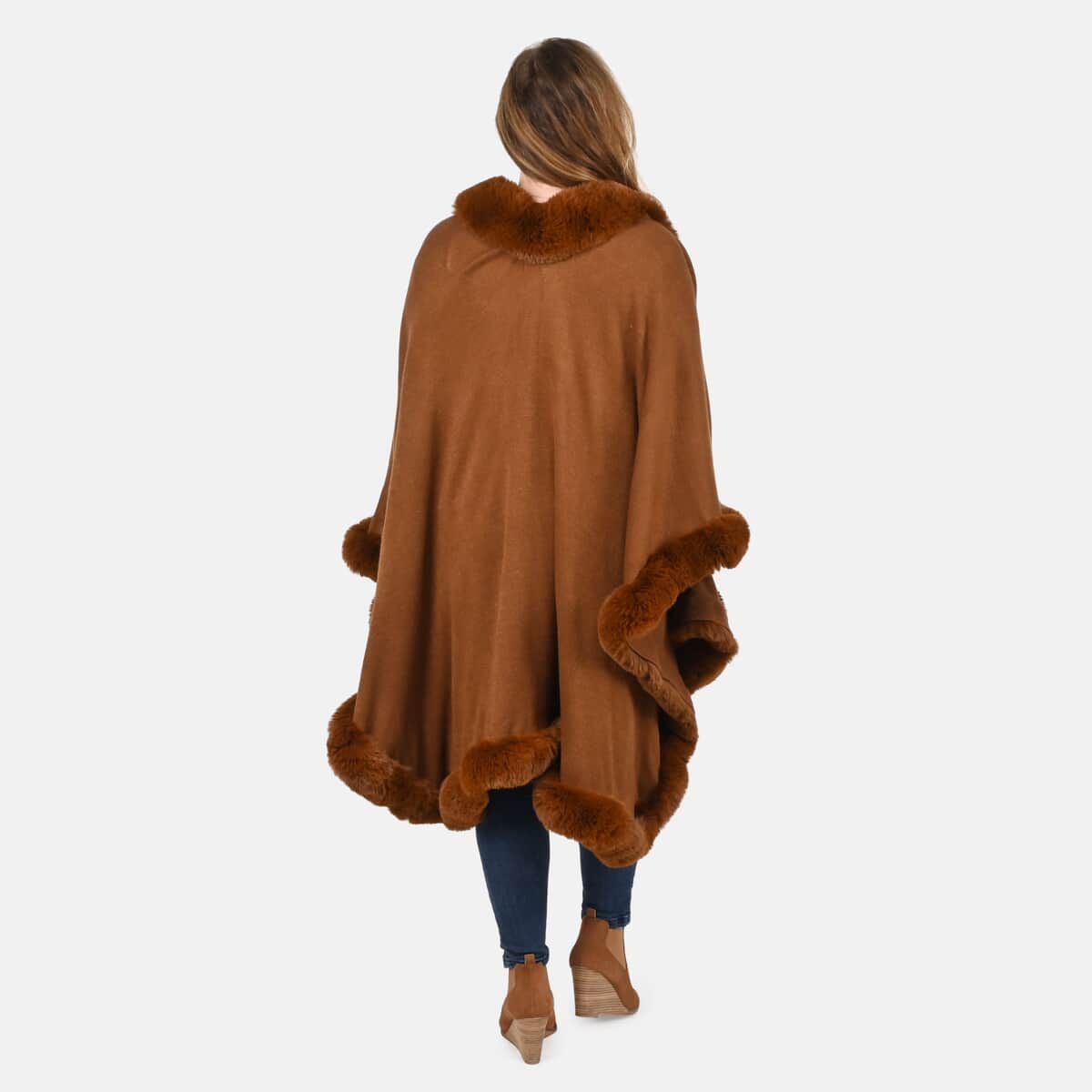 Tamsy Cognac Ruana with Faux Fur Trim - One Size Fits Most image number 1