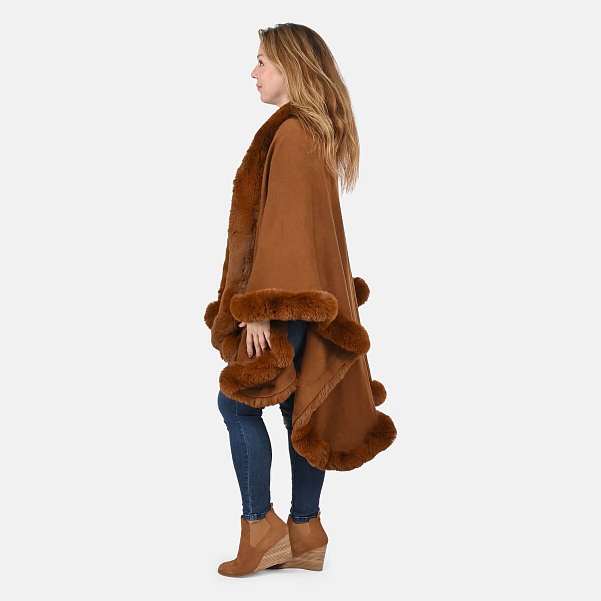 Tamsy Cognac Ruana with Faux Fur Trim - One Size Fits Most image number 2