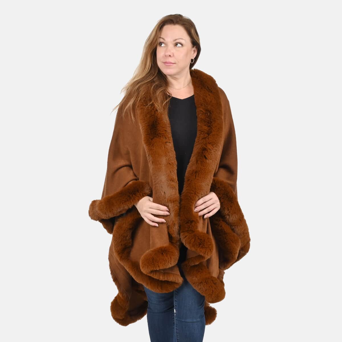 Tamsy Cognac Ruana with Faux Fur Trim - One Size Fits Most image number 3