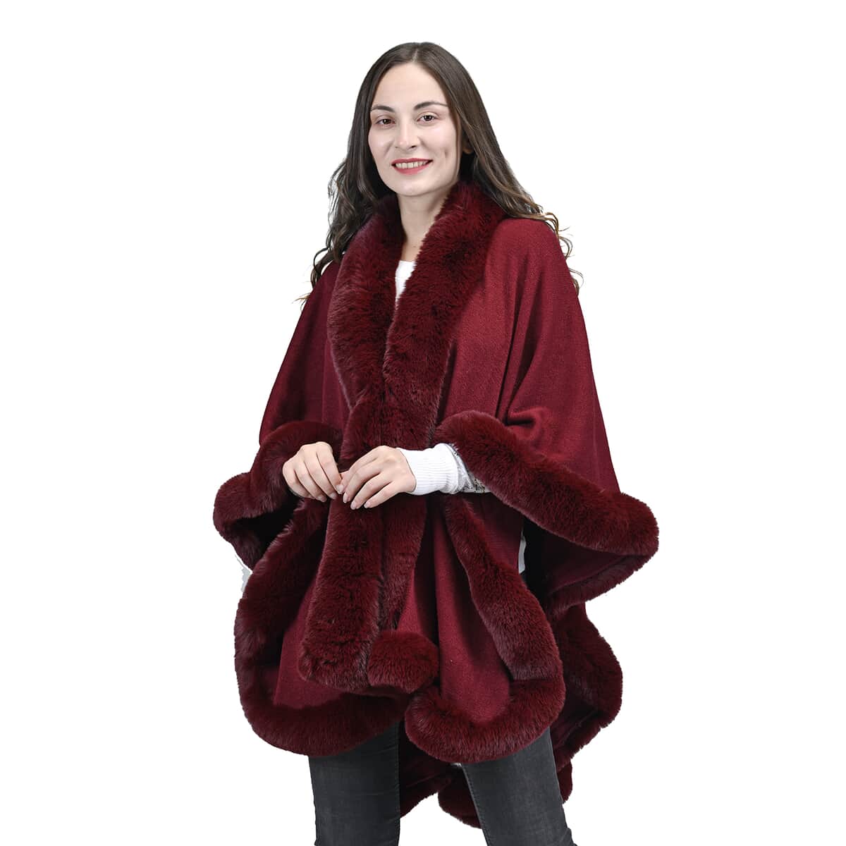 Designer Inspired Burgundy Ruana with Faux Fur Trim - One Size Fits Most image number 0