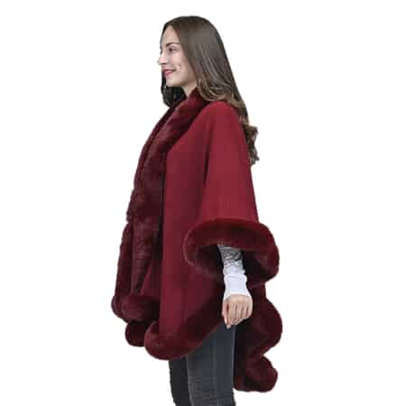 Designer Inspired Burgundy Ruana with Faux Fur Trim - One Size Fits Most image number 2