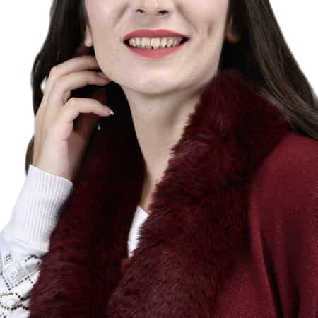 Designer Inspired Burgundy Ruana with Faux Fur Trim - One Size Fits Most image number 3