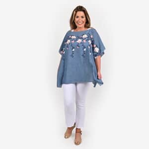 Tamsy Blue Floral Embroidered Kaftan Top , Women's Top , Floral Top , Going Out Tops , Ladies Top , Blouses for Women