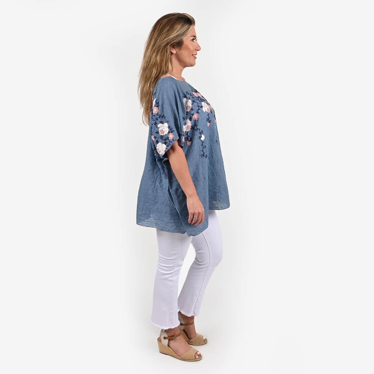 Tamsy Blue Floral Embroidered Kaftan Top , Women's Top , Floral Top , Going Out Tops , Ladies Top , Blouses for Women image number 1