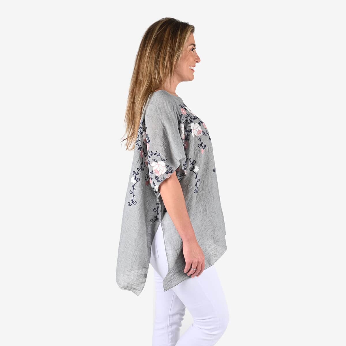 Tamsy Gray Floral Embroidered Kaftan Top , Women's Top , Floral Top , Going Out Tops , Ladies Top , Blouses for Women image number 1