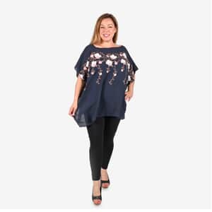 Tamsy Navy Floral Embroidered Kaftan Top , Women's Top , Floral Top , Going Out Tops , Ladies Top , Blouses for Women