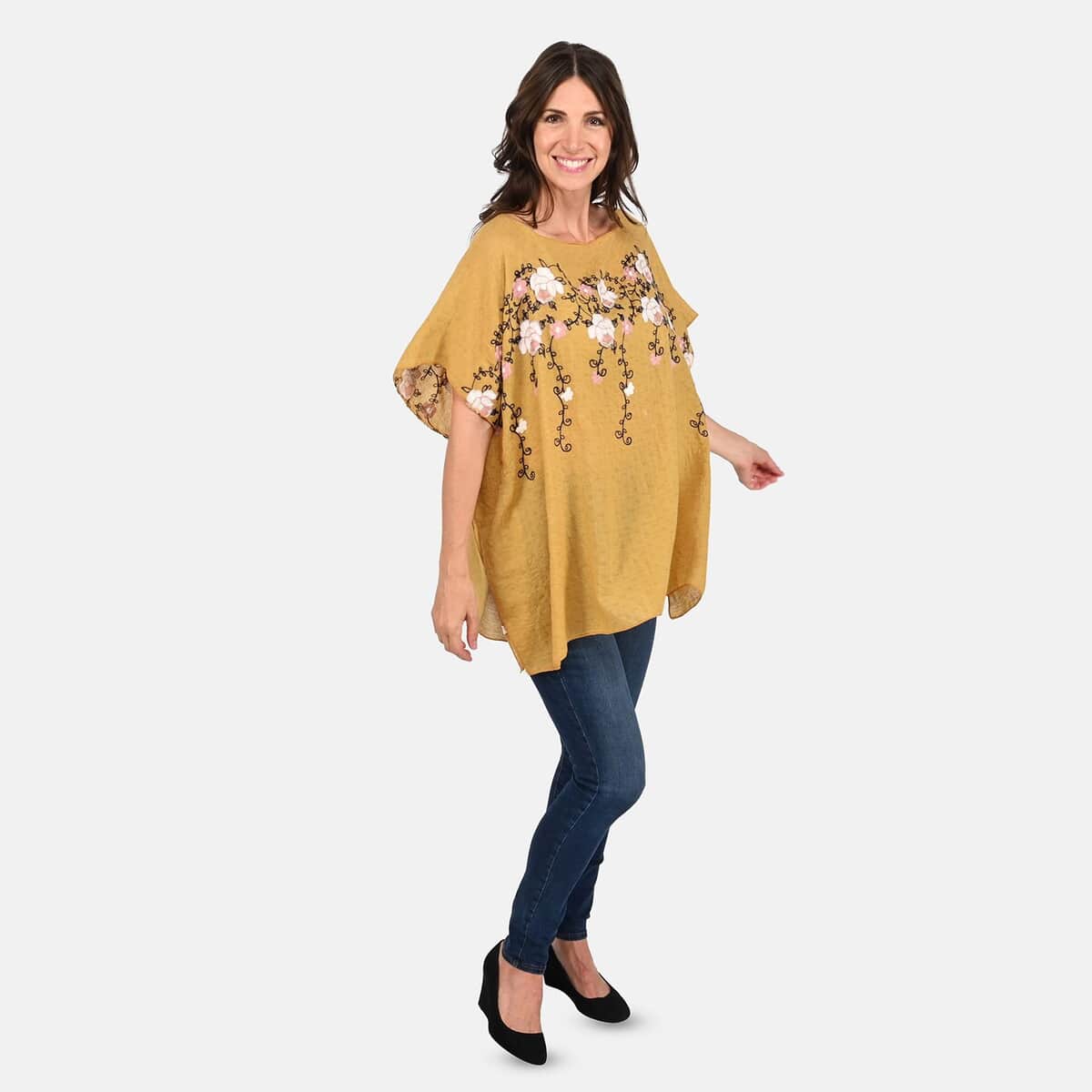 Tamsy Yellow Floral Embroidered Kaftan Top , Women's Top , Floral Top , Going Out Tops , Ladies Top , Blouses for Women image number 0