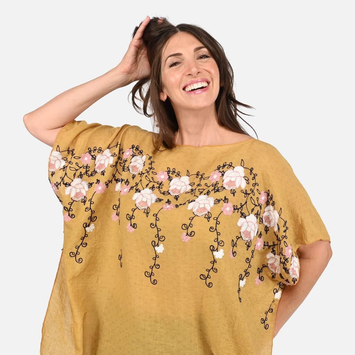 Tamsy Yellow Floral Embroidered Kaftan Top , Women's Top , Floral Top , Going Out Tops , Ladies Top , Blouses for Women image number 3