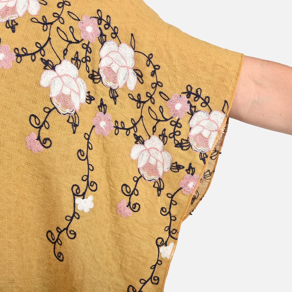 Tamsy Yellow Floral Embroidered Kaftan Top , Women's Top , Floral Top , Going Out Tops , Ladies Top , Blouses for Women image number 4