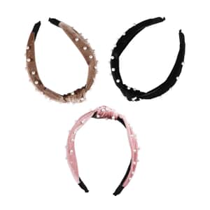 Set of 3 Black, Pink and Cream Head Band with Glittering Beads Charm