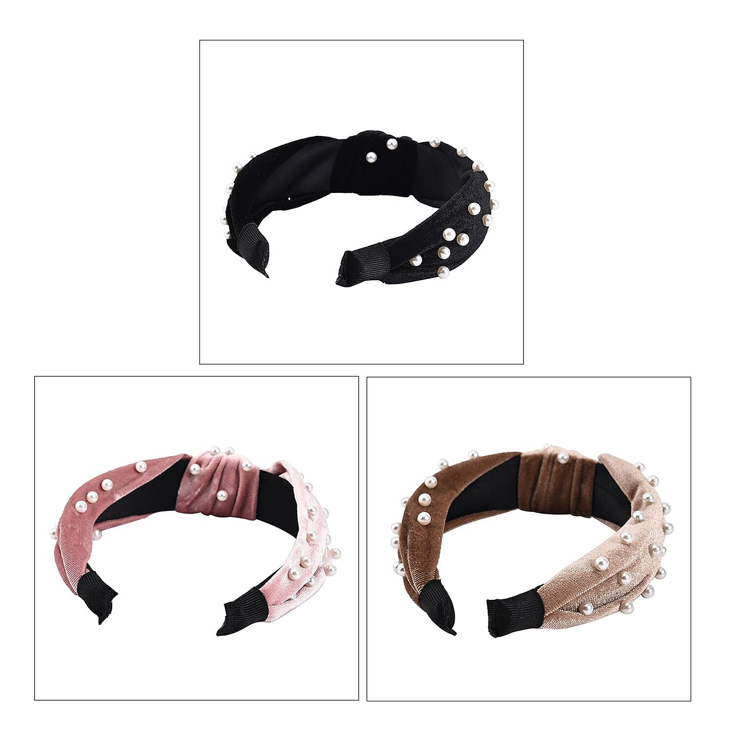 Set of 3 Black, Pink and Cream Head Band with Glittering Beads Charm