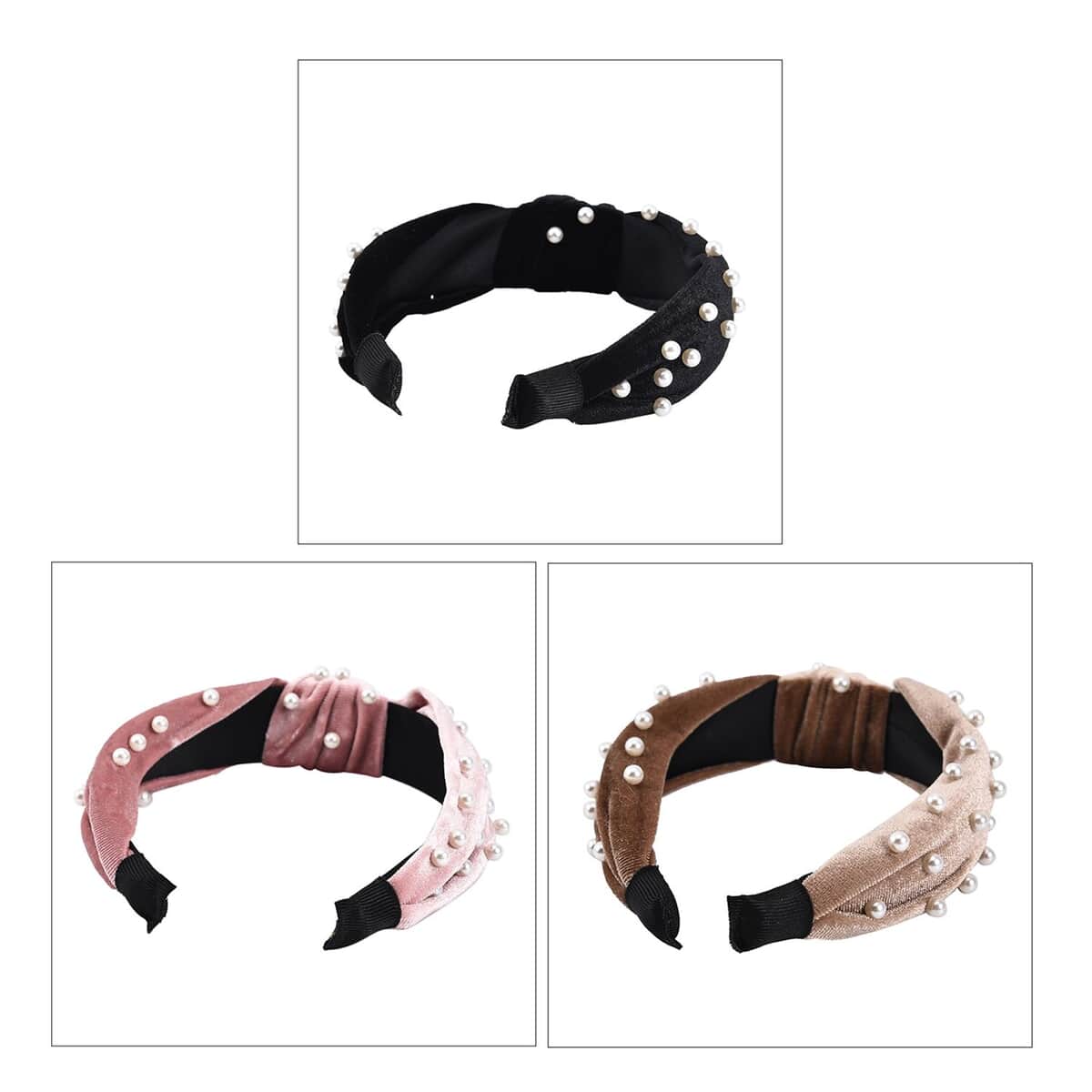 Set of 3 Black, Pink and Cream Head Band with Glittering Beads Charm image number 4