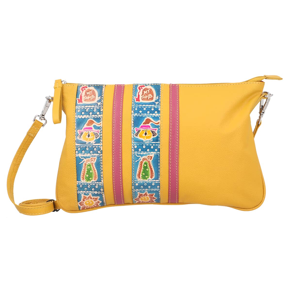 VIVID BY SUKRITI Mustard Hand Painted Genuine Leather Clutch Wristlet Bag with Detachable Shoulder Handle image number 0