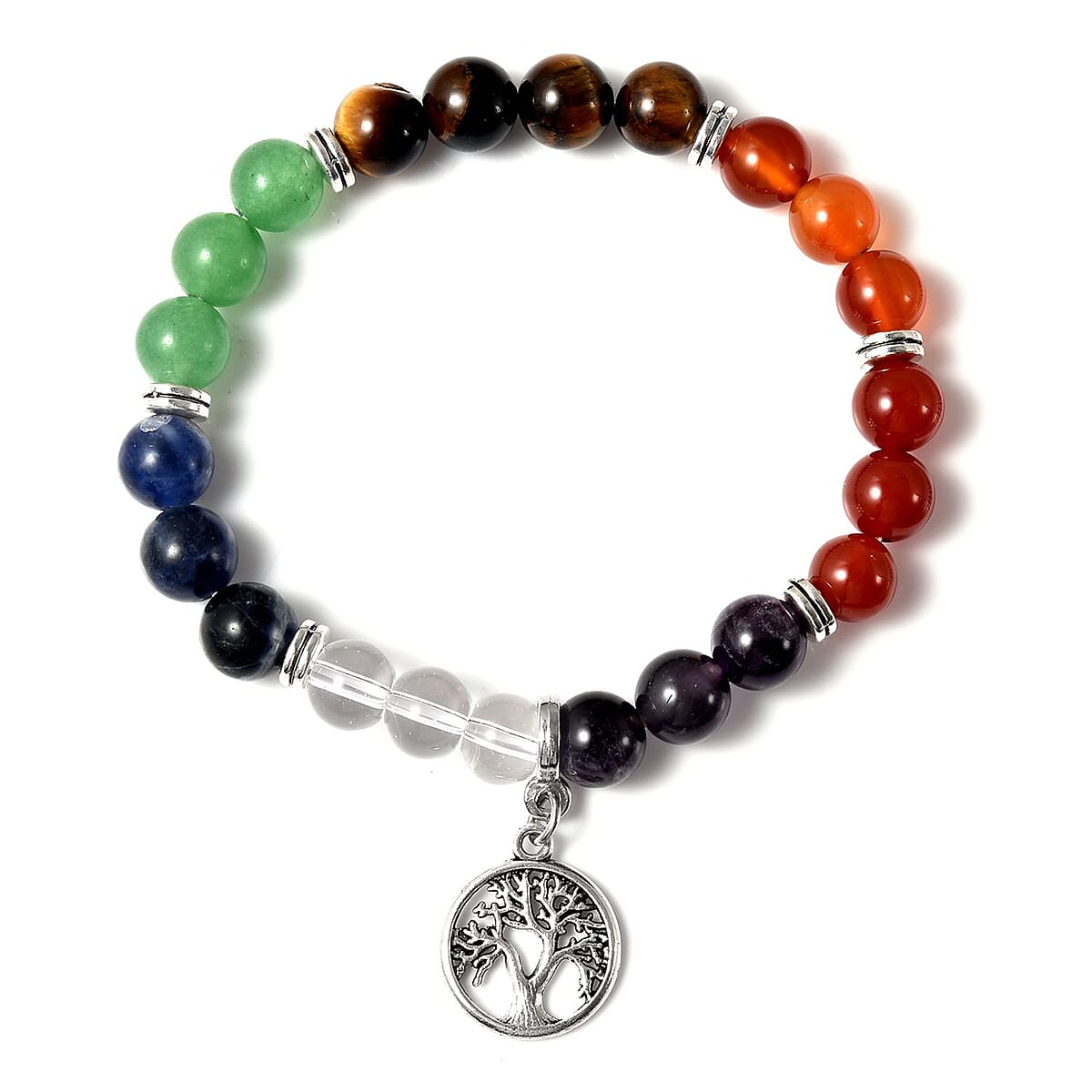 The 7 Chakras Jewelry Gift Set with Multi Gemstone Beads and Tree of Life Charm Bracelet in Silvertone (6.50 In) 82.00 ctw image number 1