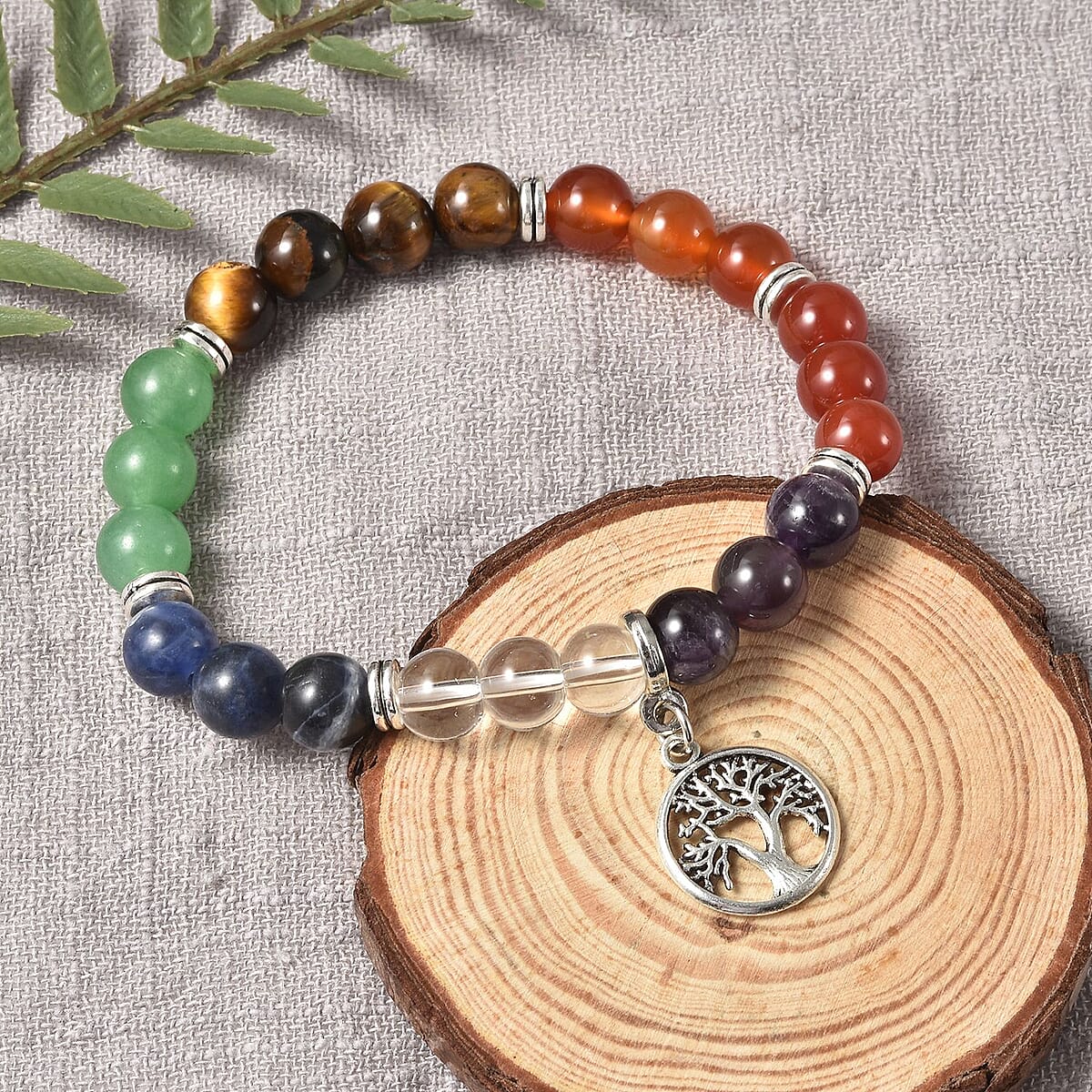 The 7 Chakras Jewelry Gift Set with Multi Gemstone Beads and Tree of Life Charm Bracelet in Silvertone (6.50 In) 82.00 ctw image number 2