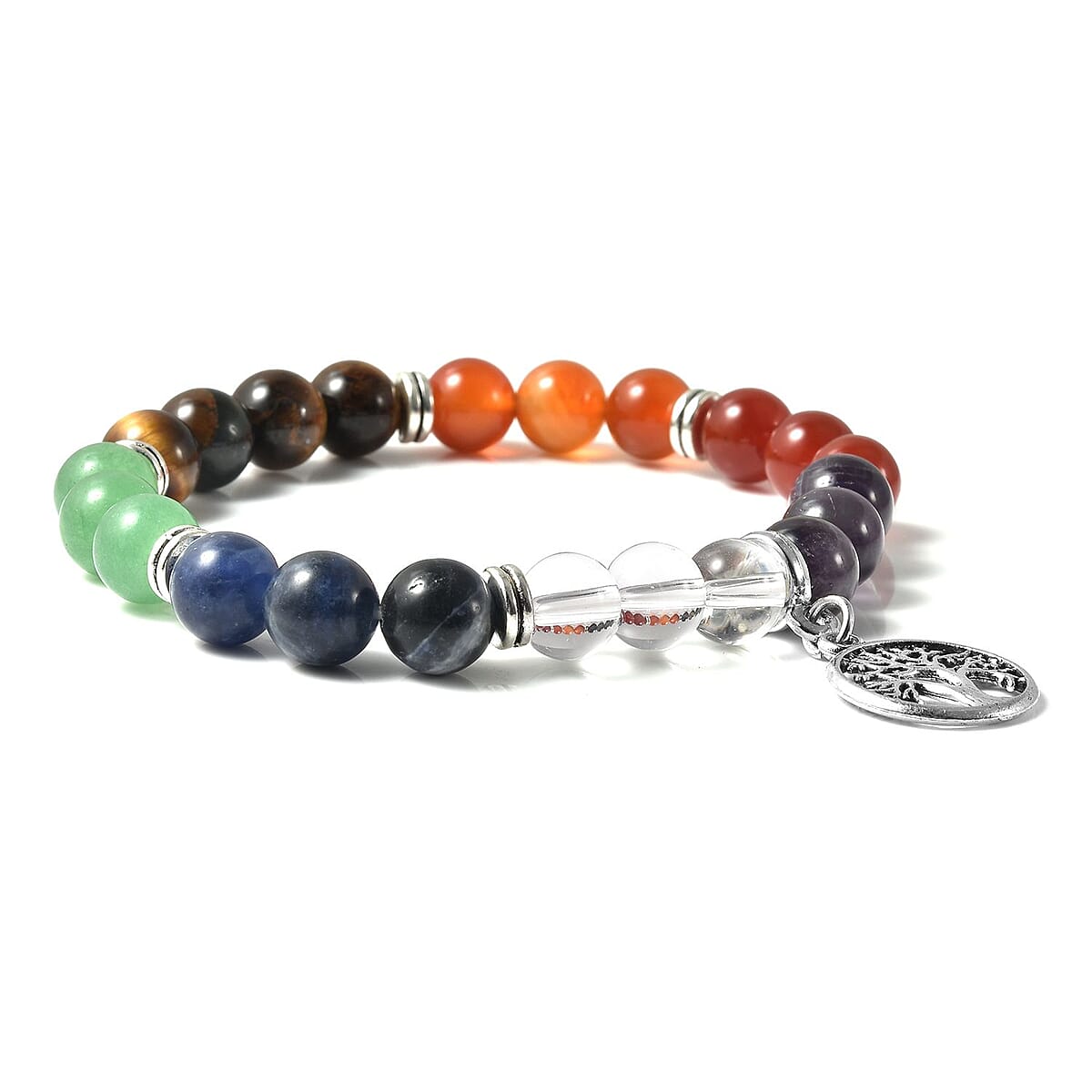 The 7 Chakras Jewelry Gift Set with Multi Gemstone Beads and Tree of Life Charm Bracelet in Silvertone (6.50 In) 82.00 ctw image number 4