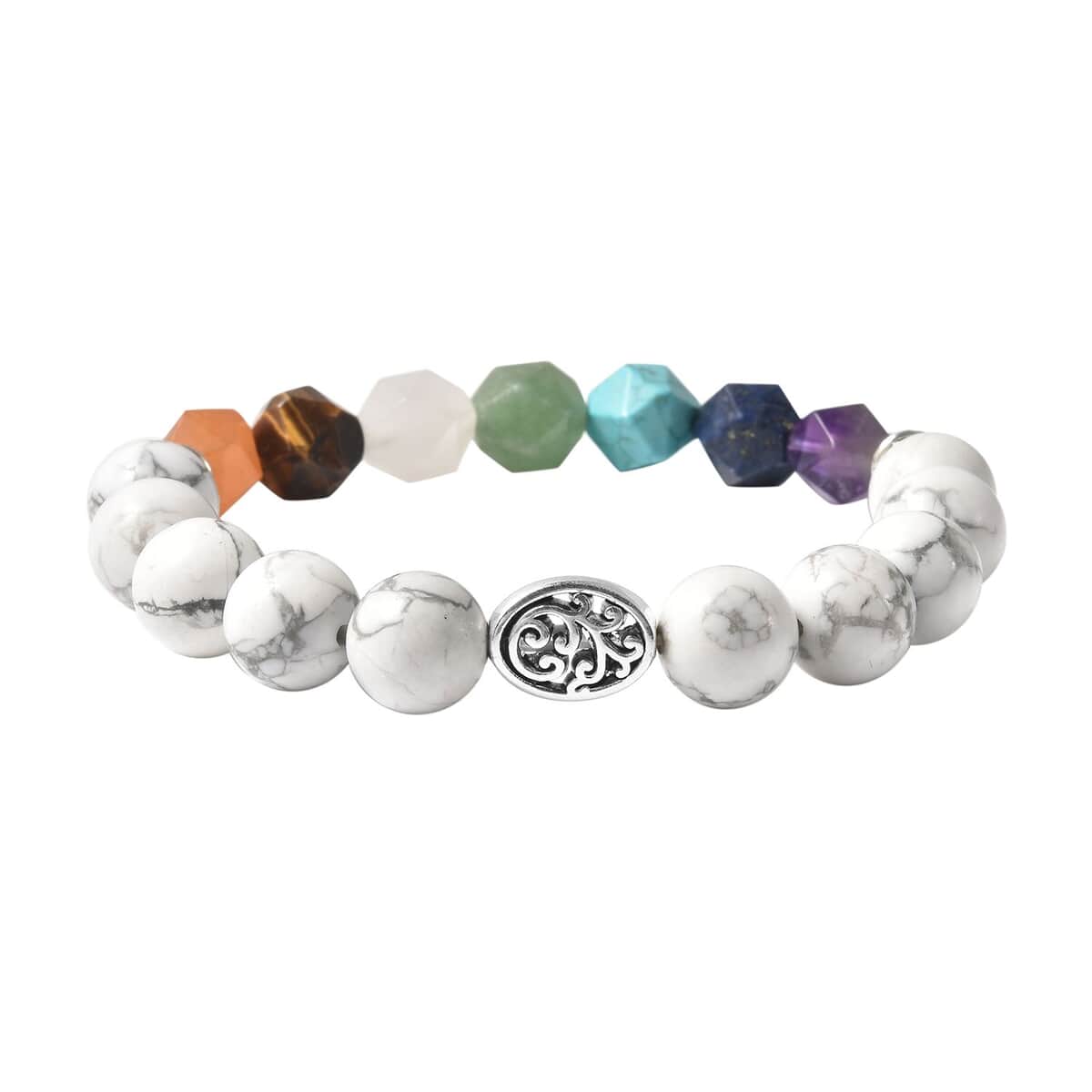 The 7 Chakras Jewelry Gift Set with White Howlite 10-12 mm, Multi Gemstone Beaded Bracelet in Silvertone (6.50 In) 122.00 ctw image number 0