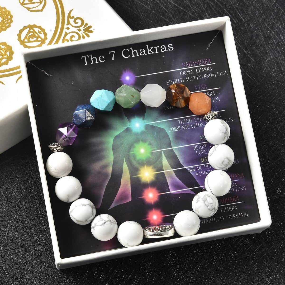The 7 Chakras Jewelry Gift Set with White Howlite 10-12 mm, Multi Gemstone Beaded Bracelet in Silvertone (6.50 In) 122.00 ctw image number 2