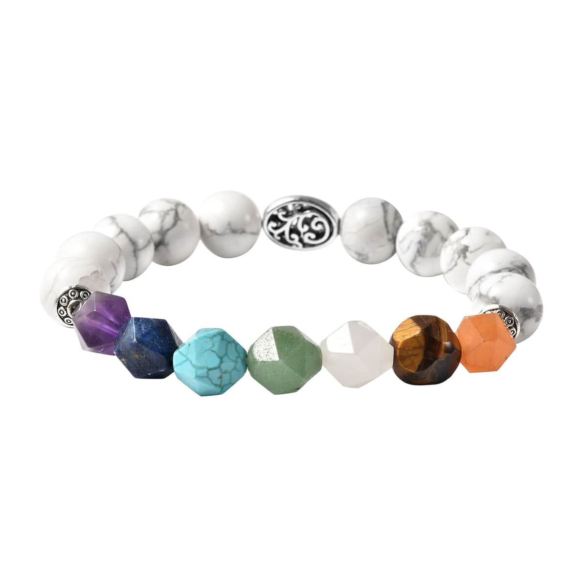 The 7 Chakras Jewelry Gift Set with White Howlite 10-12 mm, Multi Gemstone Beaded Bracelet in Silvertone (6.50 In) 122.00 ctw image number 3