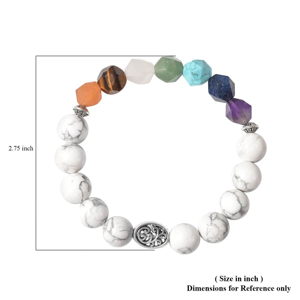 The 7 Chakras Jewelry Gift Set with White Howlite 10-12 mm, Multi Gemstone Beaded Bracelet in Silvertone (6.50 In) 122.00 ctw image number 4