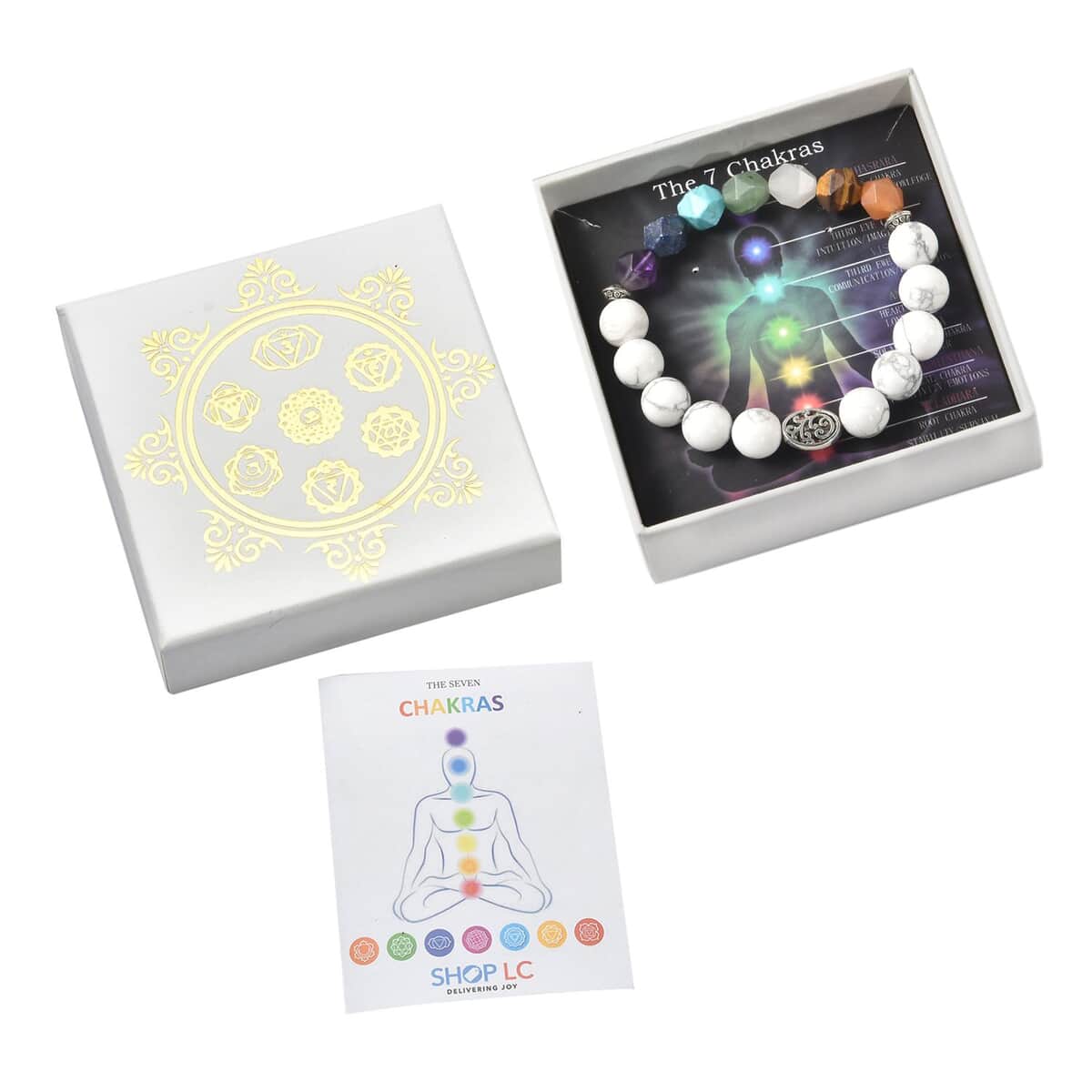 The 7 Chakras Jewelry Gift Set with White Howlite 10-12 mm, Multi Gemstone Beaded Bracelet in Silvertone (6.50 In) 122.00 ctw image number 6