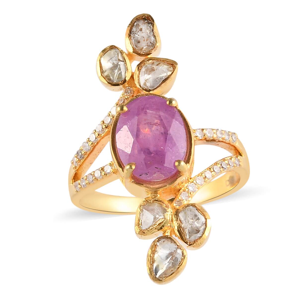 Ilakaka Hot Pink Sapphire (FF) and Polki Diamond Ring in Vermeil Yellow Gold Over Sterling Silver (Size 8.0) 2.85 ctw image number 0