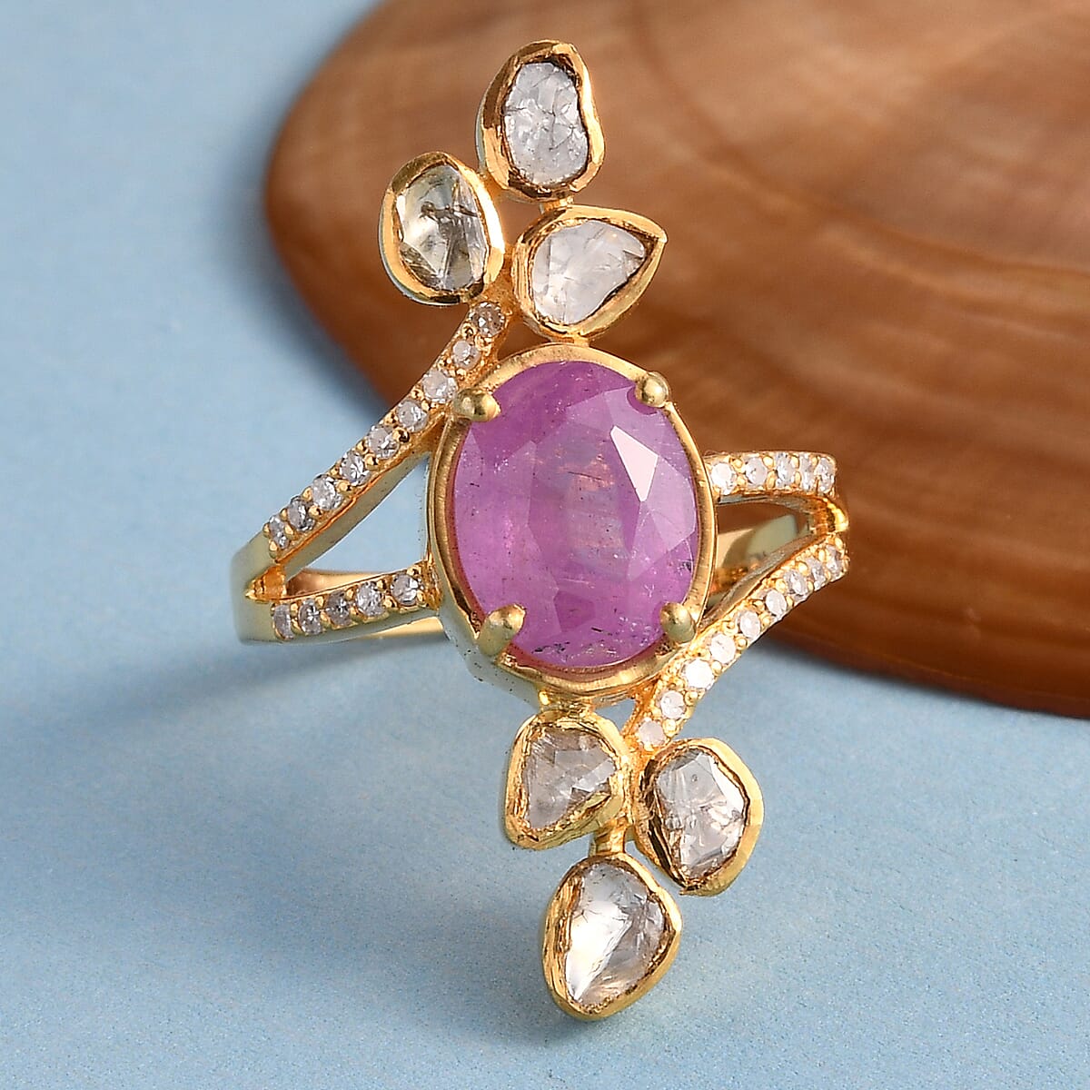 Ilakaka Hot Pink Sapphire and Polki Diamond Ring in Vermeil Yellow Gold Over Sterling Silver (Size 9.0) 2.85 ctw image number 1