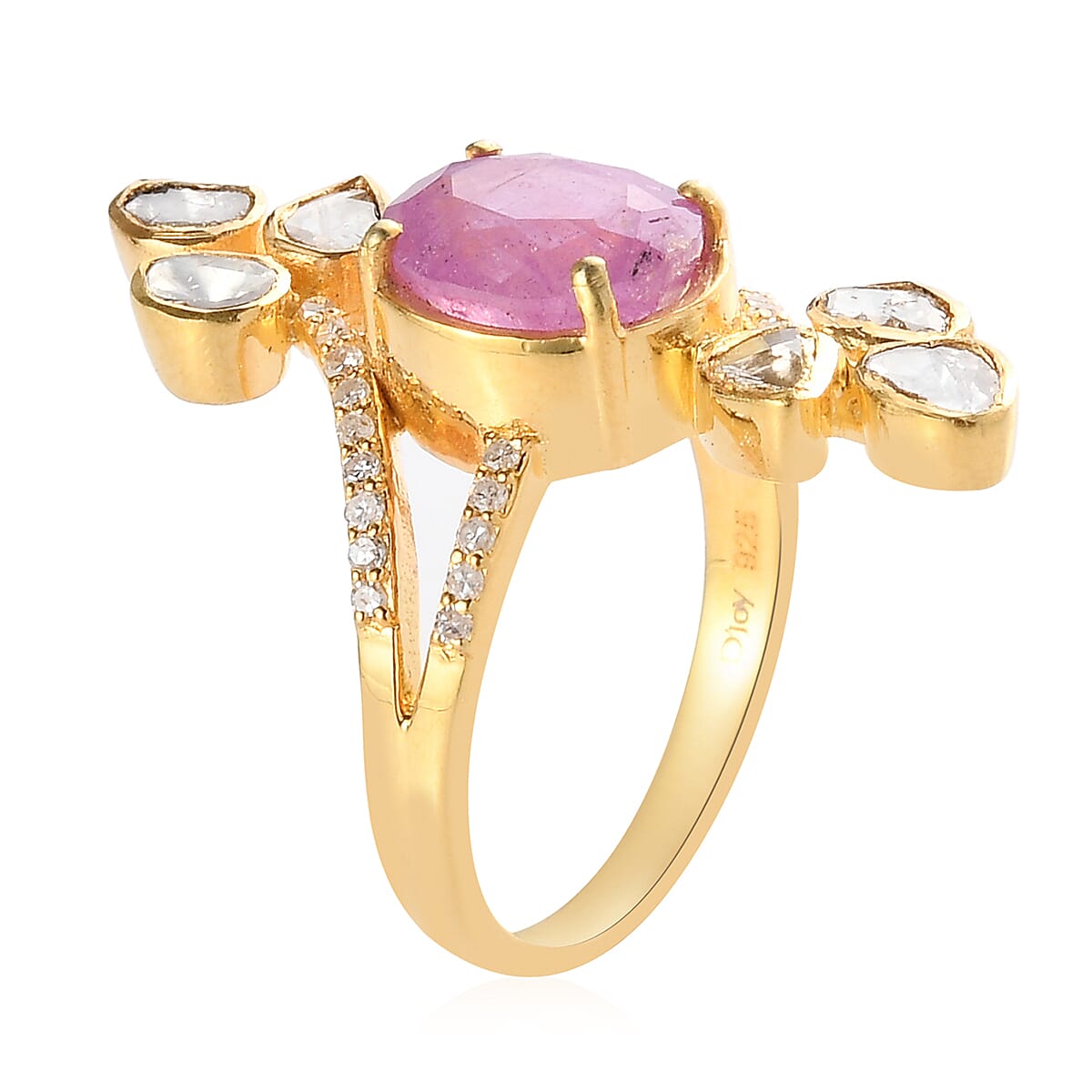 Ilakaka Hot Pink Sapphire and Polki Diamond Ring in Vermeil Yellow Gold Over Sterling Silver (Size 9.0) 2.85 ctw image number 3