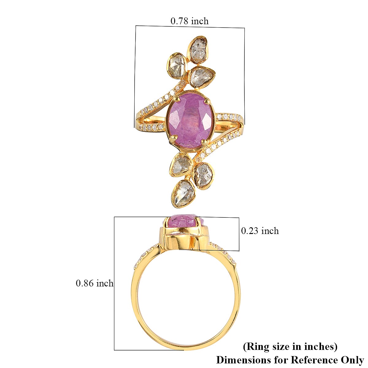 Ilakaka Hot Pink Sapphire and Polki Diamond Ring in Vermeil Yellow Gold Over Sterling Silver (Size 9.0) 2.85 ctw image number 5