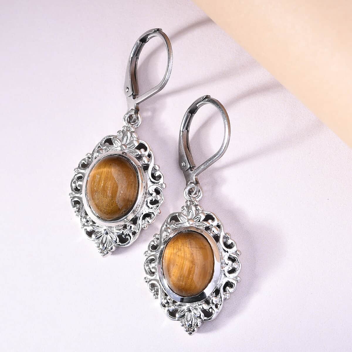 Tiger's Eye Lever Back Earrings in Platinum Over Copper With Magnet and Stainless Steel 6.25 ctw image number 1
