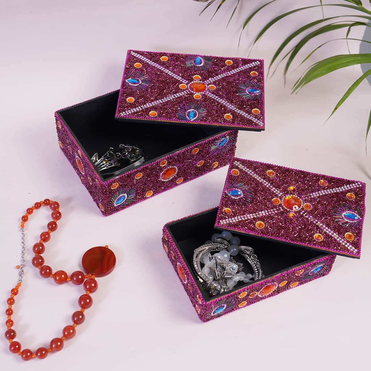 Handcrafted Set of 2 Pink Beaded Decorated Nested Box image number 1