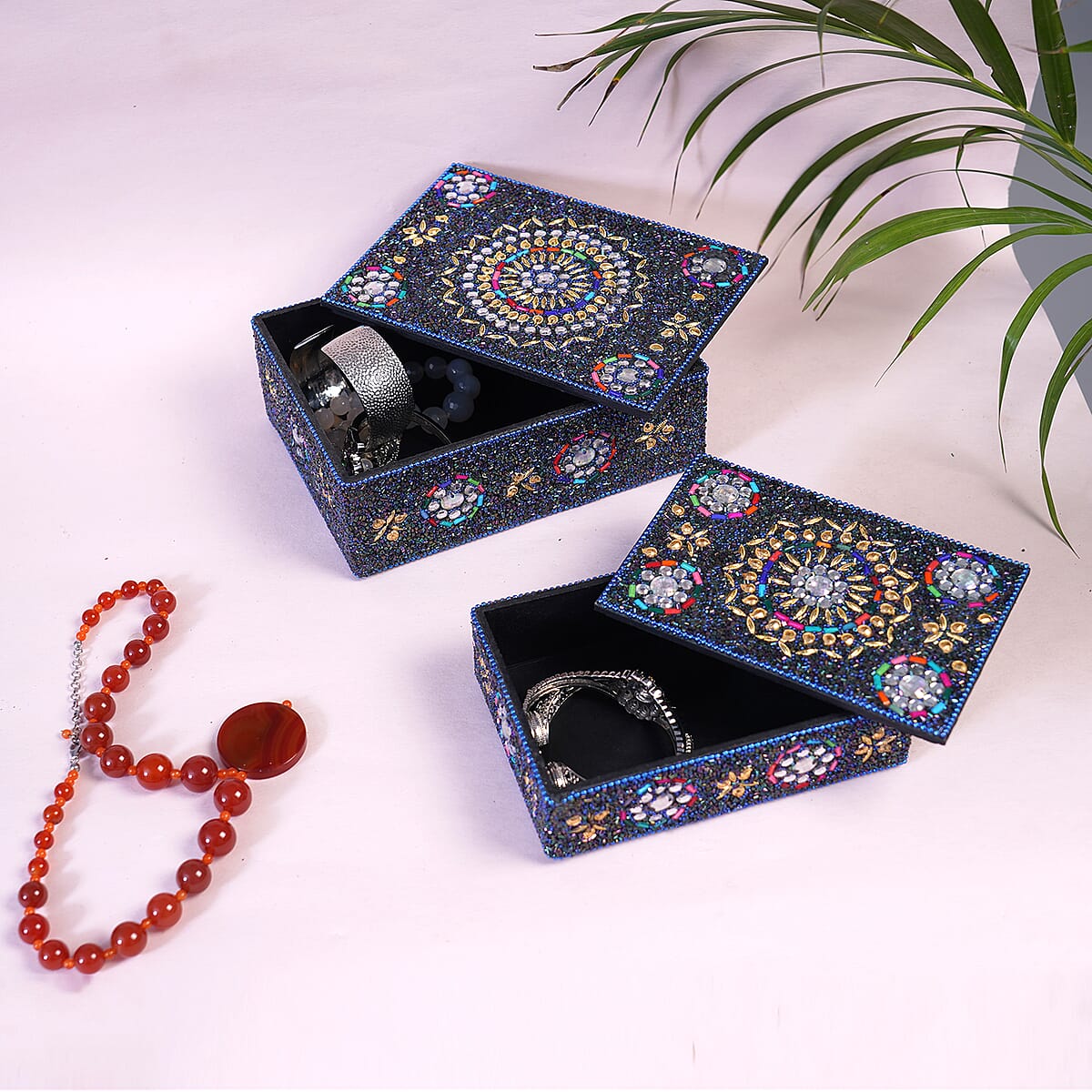 Handcrafted Set of 2 Black Multi Beaded Decorated Nested Box image number 1