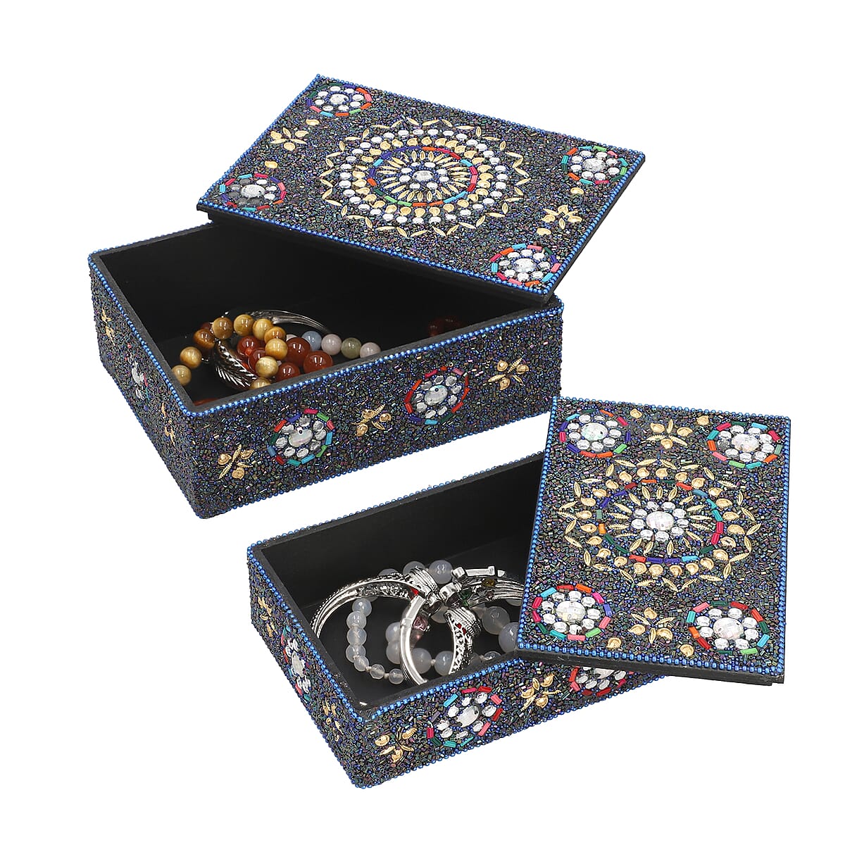 Handcrafted Set of 2 Black Multi Beaded Decorated Nested Box image number 4