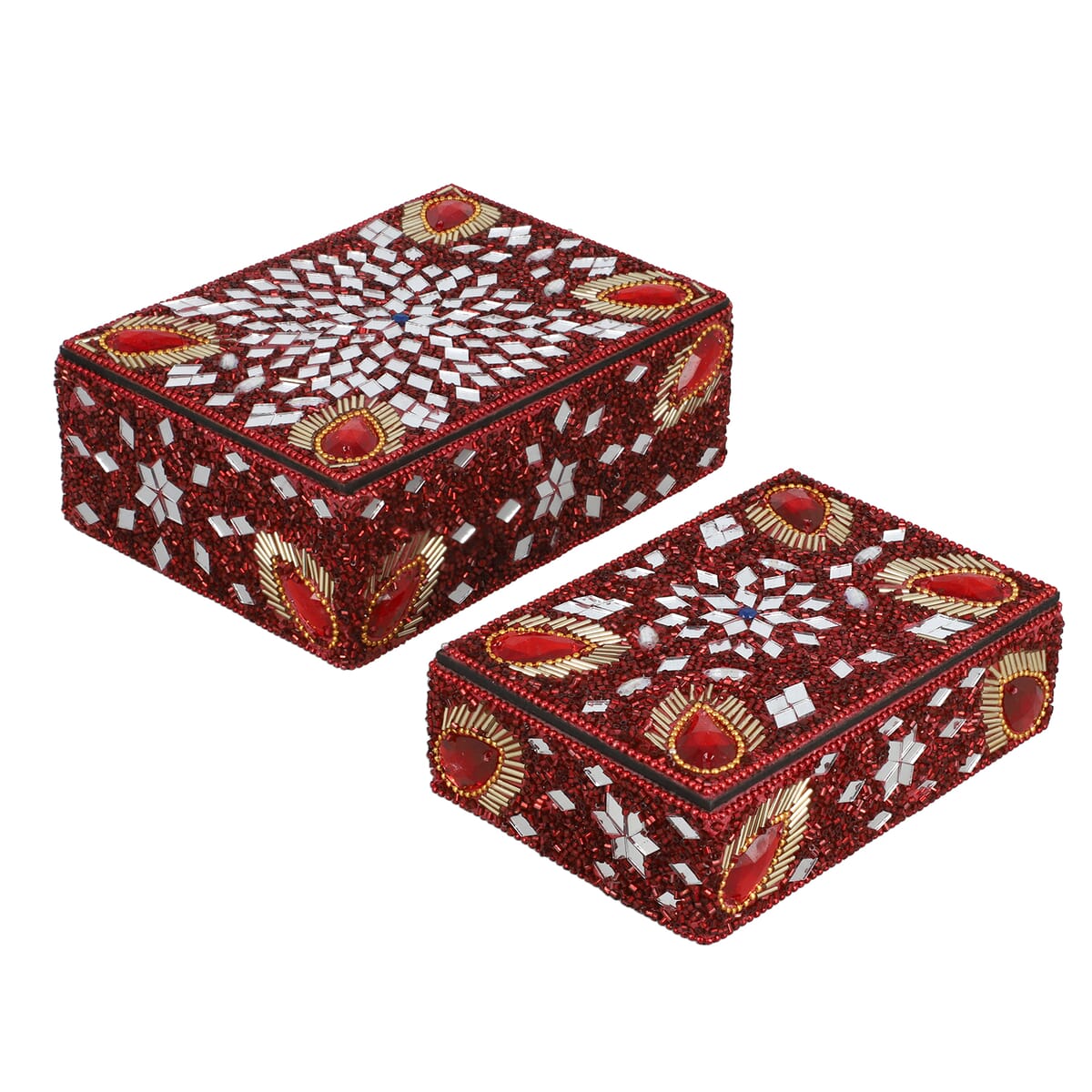 Handcrafted Set of 2 Red Multi Beaded Decorated Nested Box image number 0