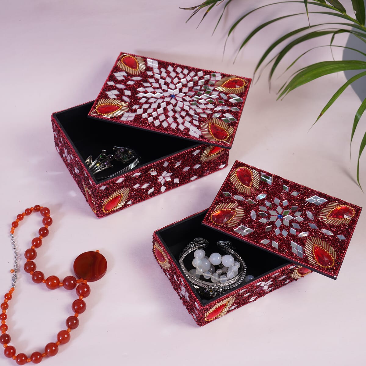 Handcrafted Set of 2 Red Multi Beaded Decorated Nested Box image number 1