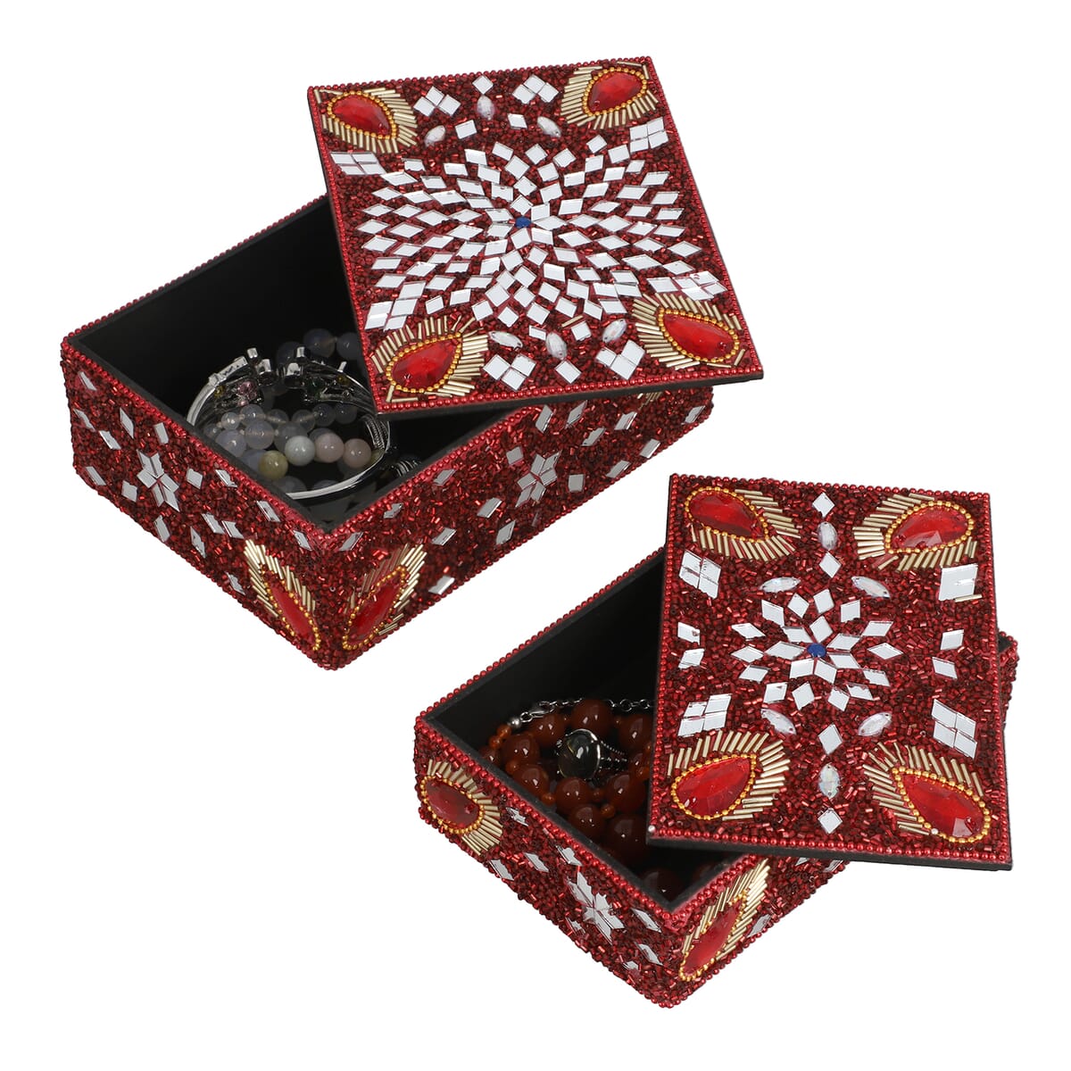 Handcrafted Set of 2 Red Multi Beaded Decorated Nested Box image number 3